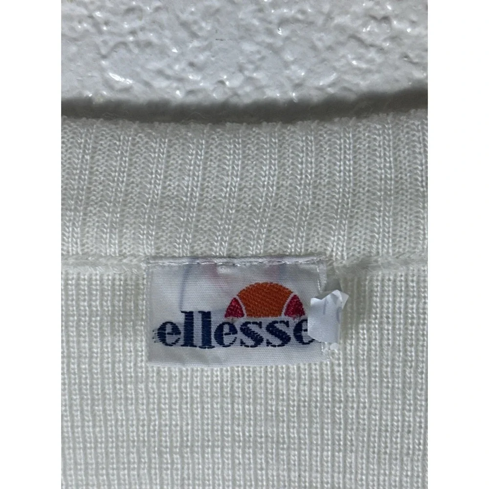 Vintage Ellesse Sweater Vest White Blue Striped Embroidered Logo V Neck